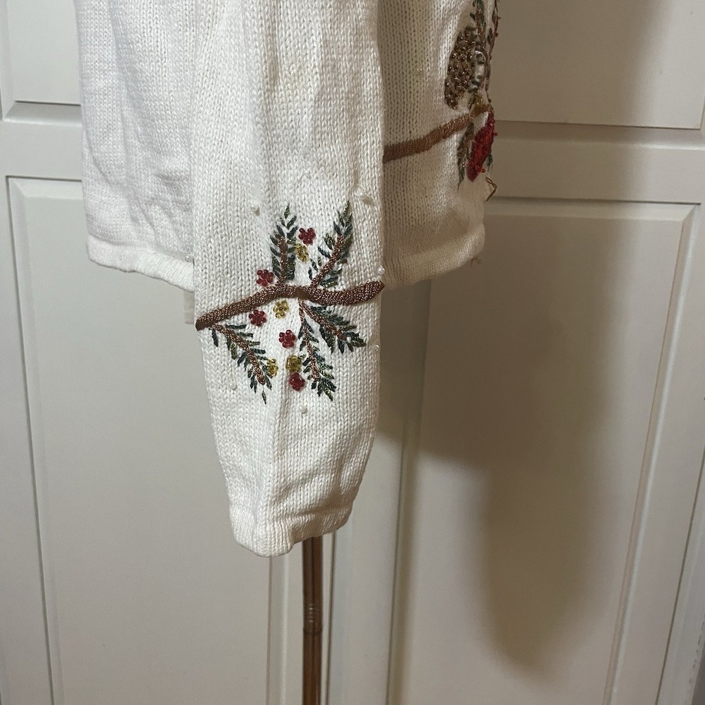 Tiara International Sweater Jacket Women M P  Ivory Cotton Knit‎ Sequin Full-Zip - Picture 6 of 11